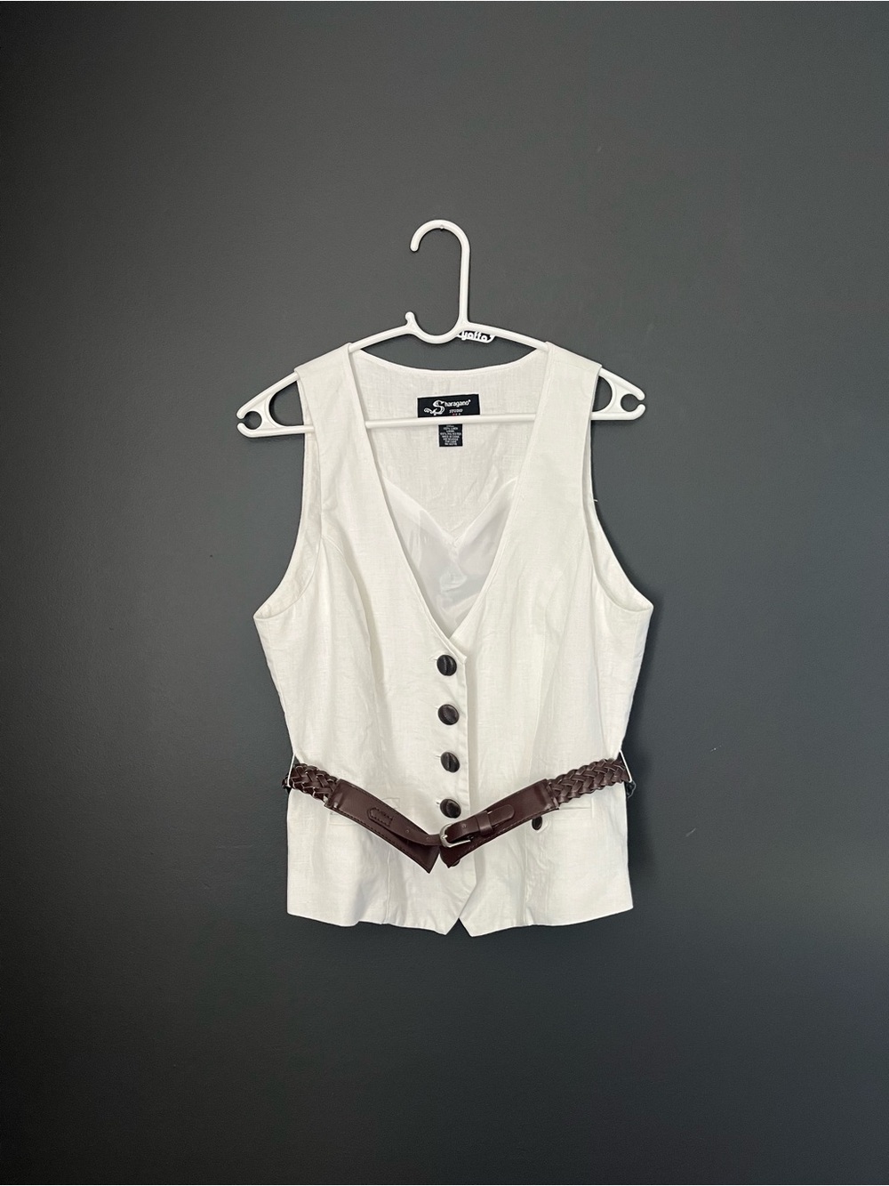 Vintage 90s Sharagano Studio White 100% Linen Button-Up Vest with Brown Belt